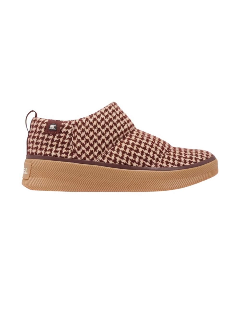 Sorel Houndstooth Slip-On Ankle Booties in Burgundy and Tan